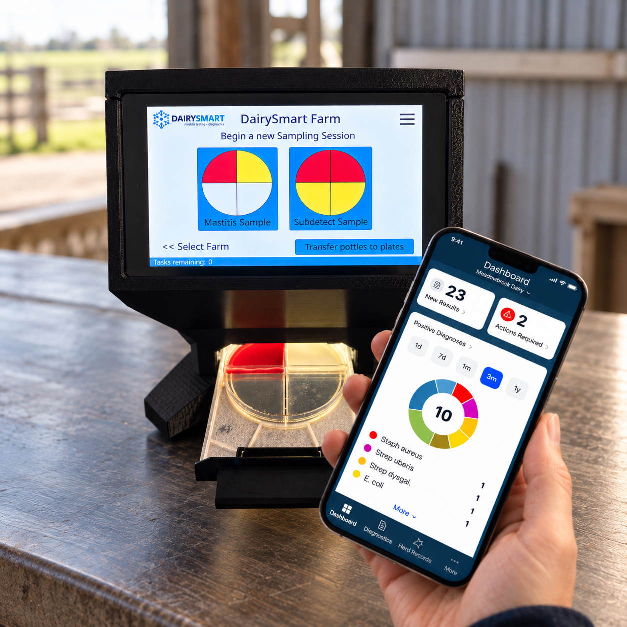 DairySmart AHRK app and Jupiter reader showing diagnosis